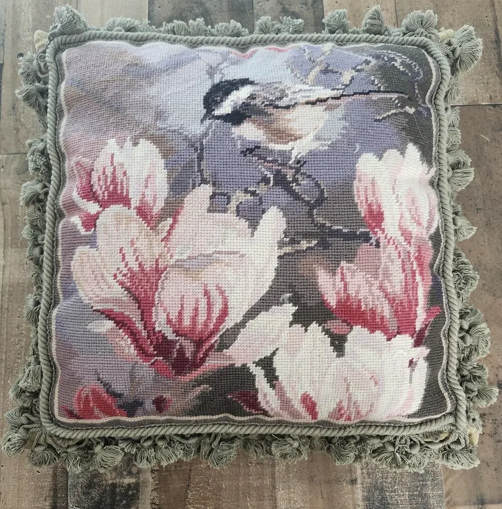 Vintage Chickadee Bird Magnolia Flowers Needlepoint Fringe Throw Pillow